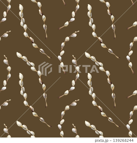 Willow branches with fluffy catkins Seamless Pattern. Watercolor hand drawn floral illustration isolated on brawn background for Easter holiday spring design textile fresh fabric print card crockery 139268244