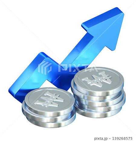 3D Render of Stacked Korean Won Coins with Blue Upward Growth Arrow 139268575