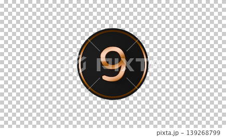 Modern black medal, number 9 [gold], rubber texture, 3D icon, transparent background. 139268799