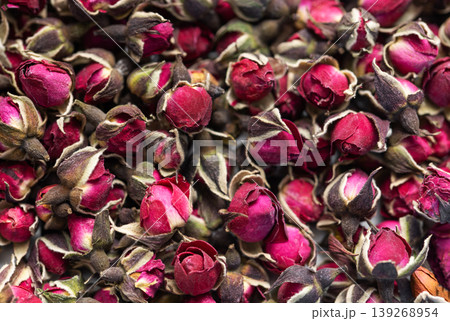 Dried rose buds creating fragrant herbal tea concept 139268954