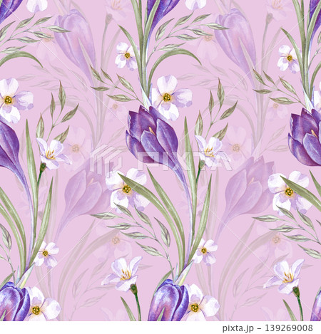 Seamless watercolor pattern with vertical rows of purple crocuses and delicate white flowers. The illustration is on a pink background, which creates a romantic spring atmosphere. The repeating Seamless watercolor pattern with vertical rows of purple crocuses and delicate white flowers. The illustration is on a pink background, which creates a romantic spring atmosphere. The repeating 139269008