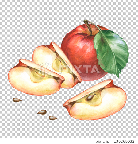 Hand-painted watercolor illustration of a ripe red apple featuring a whole fruit with a green leaf, juicy slices, and separate apple seeds. Botanical composition isolated on a white background. For 139269032