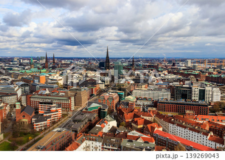 Aerial view of Hamburg city center, Germany. View from bell tower of St. Michael's Church 139269043