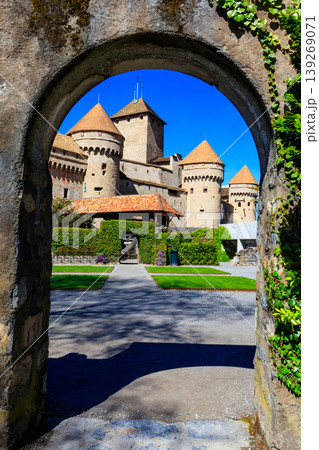 View of Chillon Castle through stone arch. Montreux, Switzerland 139269071