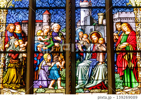 Stained glass window in St. Peter's Cathedral, Geneva, Switzerland Stained glass window in St. Peter's Cathedral, Geneva, Switzerland 139269089