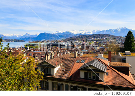 View of the old town of Lucerne (Luzern) city and Lake Lucerne in Switzerland. View from above View of the old town of Lucerne (Luzern) city and Lake Lucerne in Switzerland. View from above 139269107