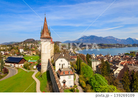 Top view on Lake Lucerne and old town with Musegg wall and towers in Lucerne city, Switzerland Top view on Lake Lucerne and old town with Musegg wall and towers in Lucerne city, Switzerland 139269109