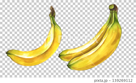 Watercolor set with the image of two ripe bananas. Realistic clipart on an isolated background. It is ideal for creating a healthy lifestyle brand, fresh food packaging and tropical themed design. Watercolor set with the image of two ripe bananas. Realistic clipart on an isolated background. It is ideal for creating a healthy lifestyle brand, fresh food packaging and tropical themed design. 139269112