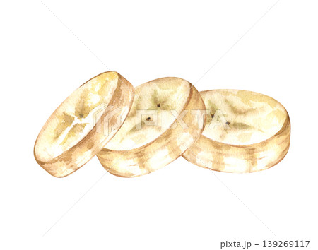Hand-painted watercolor illustration of three round banana slices. Isolated on a white background. Ideal for healthy food packaging, smoothie recipes, kitchen decor, and organic grocery branding. Hand-painted watercolor illustration of three round banana slices. Isolated on a white background. Ideal for healthy food packaging, smoothie recipes, kitchen decor, and organic grocery branding. 139269117