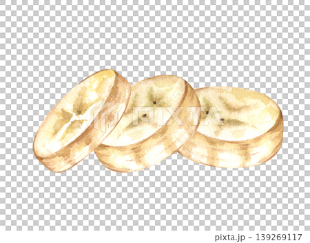 Hand-painted watercolor illustration of three round banana slices. Isolated on a white background. Ideal for healthy food packaging, smoothie recipes, kitchen decor, and organic grocery branding. Hand-painted watercolor illustration of three round banana slices. Isolated on a white background. Ideal for healthy food packaging, smoothie recipes, kitchen decor, and organic grocery branding. 139269117