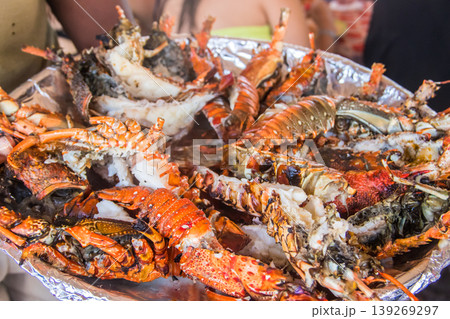 Fresh boiled lobsters on a tray Fresh boiled lobsters on a tray 139269297