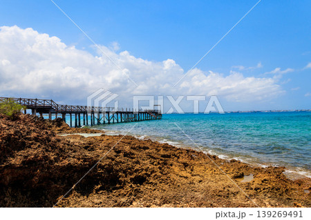 Wooden pier leading to clear blue ocean on Prison island, Zanzibar, Tanzania Wooden pier leading to clear blue ocean on Prison island, Zanzibar, Tanzania 139269491