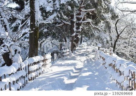 雪化粧した庭園の散策路と冬景色 雪化粧した庭園の散策路と冬景色 139269669