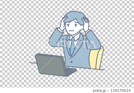 ノートパソコンを前に頭を抱えるストレスのあるビジネスマンのイラスト ノートパソコンを前に頭を抱えるストレスのあるビジネスマンのイラスト 139270014