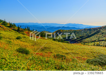 秋の志賀草津高原ルート 分水嶺から見渡す紅葉の山肌と広大な山並みの絶景 139270665