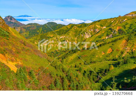 秋の志賀草津高原ルート 分水嶺から見渡す紅葉の山肌と広大な山並みの絶景 秋の志賀草津高原ルート 分水嶺から見渡す紅葉の山肌と広大な山並みの絶景 139270668