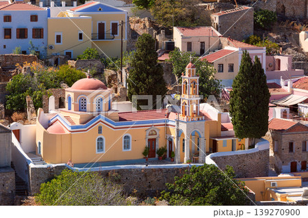 Traditional church building in Symi village on sunny clear summer day Greece Traditional church building in Symi village on sunny clear summer day Greece 139270900