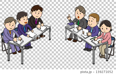A business meeting illustration depicting collective bargaining and agreement building between a labor union and a company. A business meeting illustration depicting collective bargaining and agreement building between a labor union and a company. 139271052