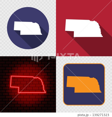 Nebraska State Map Icons Set, USA Silhouette Collection in Flat, Minimal and Neon Styles. Nebraska State Map Icons Set, USA Silhouette Collection in Flat, Minimal and Neon Styles. 139271323
