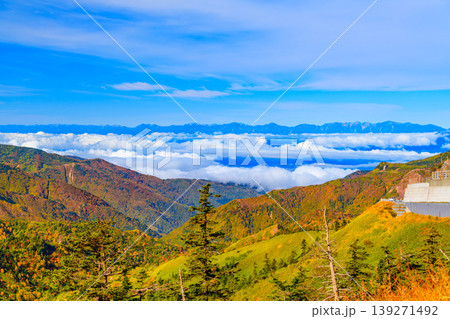 横手山付近からの絶景 雲海に浮かぶ北アルプスと色鮮やかな紅葉の山肌 139271492