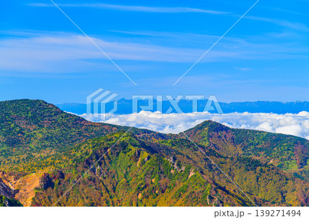 横手山付近からの絶景 雲海に浮かぶ北アルプスと色鮮やかな紅葉の山肌 横手山付近からの絶景 雲海に浮かぶ北アルプスと色鮮やかな紅葉の山肌 139271494