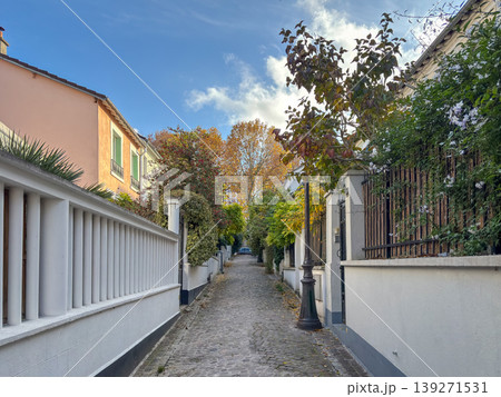 Mouzaia cobblestone alley with pastel houses in Paris 19th France Mouzaia cobblestone alley with pastel houses in Paris 19th France 139271531