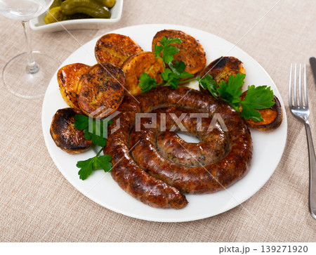 Cooked sausages with potatoes on a plate Cooked sausages with potatoes on a plate 139271920