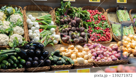 Row of display cases filled with vegetables in store Row of display cases filled with vegetables in store 139271972