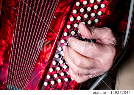Person playing the accordion, a vintage musical instrument Person playing the accordion, a vintage musical instrument 139272044