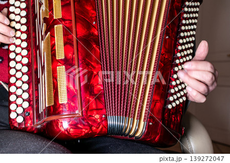 Person playing the accordion, a vintage musical instrument 139272047