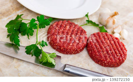 Two raw juicy beef burger cutlets are prepared for frying Two raw juicy beef burger cutlets are prepared for frying 139272150