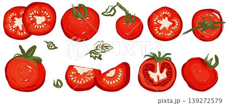 en isolated tomato clipart with whole fruit and juicy slices for design 139272579
