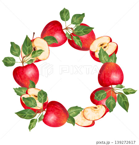 Apple fruits and halves with slices and leaves. Round frame with space for text. Watercolor hand drawn fruit illustration. Wreath for cards, packaging, printing, menu, labels, advertising and design Apple fruits and halves with slices and leaves. Round frame with space for text. Watercolor hand drawn fruit illustration. Wreath for cards, packaging, printing, menu, labels, advertising and design 139272617