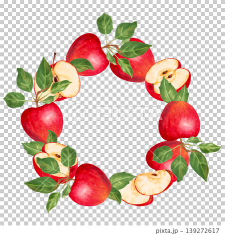 Apple fruits and halves with slices and leaves. Round frame with space for text. Watercolor hand drawn fruit illustration. Wreath for cards, packaging, printing, menu, labels, advertising and design 139272617