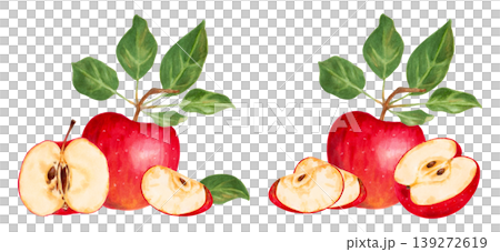 Whole apple with leaves, half and slice of fruit. Botanical watercolor illustration. Fruit composition. Hand drawn isolated art. Natural food product for food packaging, menu and juices Whole apple with leaves, half and slice of fruit. Botanical watercolor illustration. Fruit composition. Hand drawn isolated art. Natural food product for food packaging, menu and juices 139272619