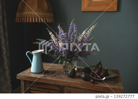 Rural still life with bouquet of cornflowers. Rural still life with bouquet of cornflowers. 139272777