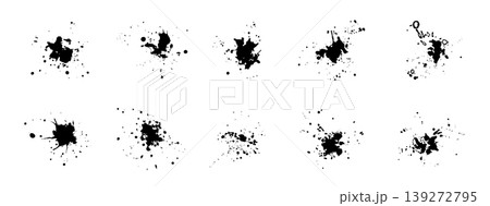 Black organic vector ink water splashes with liquid drops. Isolated abstract inky blots with spray spots stain for graphic design, social media droplet stamps, splatter shadows and templates 139272795