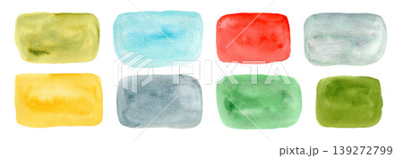 Abstract watercolor hand painting colorful turquoise blue, red, yellow, green square shape textured blobs set. Creative watercolor brush stroke organic stains for banner design, cloud frame background Abstract watercolor hand painting colorful turquoise blue, red, yellow, green square shape textured blobs set. Creative watercolor brush stroke organic stains for banner design, cloud frame background 139272799