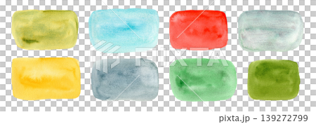 Abstract watercolor hand painting colorful turquoise blue, red, yellow, green square shape textured blobs set. Creative watercolor brush stroke organic stains for banner design, cloud frame background Abstract watercolor hand painting colorful turquoise blue, red, yellow, green square shape textured blobs set. Creative watercolor brush stroke organic stains for banner design, cloud frame background 139272799