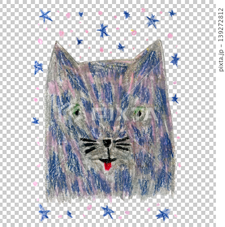 Cute crayon pencils hand drawing blue and gray stylized night cat head with stars. Hand painted oil pastel textured wolf animal face for greeting card design, nursery poster, invitation, sticker Cute crayon pencils hand drawing blue and gray stylized night cat head with stars. Hand painted oil pastel textured wolf animal face for greeting card design, nursery poster, invitation, sticker 139272812