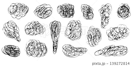 Sketch squiggle swoosh texture set of vector hand drawn black messy swirl lines, scribble strokes, knots, crayon curves for mental struggling concept, chaotic way direction, strikethrough symbol 139272814