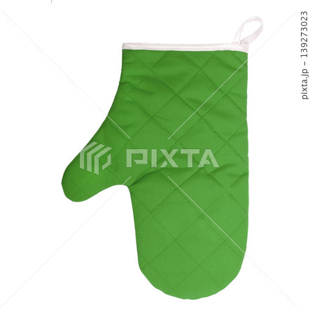Green heat protective mitten isolated on white background. Green heat protective mitten isolated on white background. 139273023