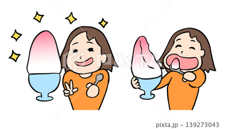 特大のかき氷を前に目を輝かせて喜ぶ姿と美味しそうに食べる女性のイラストセット 139273043