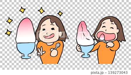 特大のかき氷を前に目を輝かせて喜ぶ姿と美味しそうに食べる女性のイラストセット 139273043