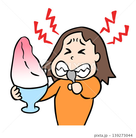 かき氷を食べて頭がキーンと痛む衝撃に悶絶するコミカルな女性のイラスト 139273044
