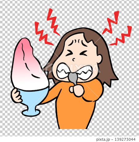 一幅滑稽的插圖，描繪了一名女子在吃完刨冰後，因頭部劇烈跳動的疼痛而痛苦地扭動身體。 139273044