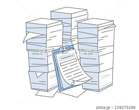 Three massive piles of paperwork and a blue clipboard vector illustration. Workload, tax season, bureaucracy, document storage, deadlines, archive. Stacks of sheets and a blue fastening board Three massive piles of paperwork and a blue clipboard vector illustration. Workload, tax season, bureaucracy, document storage, deadlines, archive. Stacks of sheets and a blue fastening board 139273286