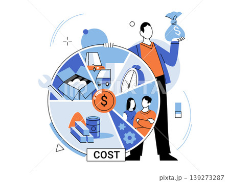 Man holding money bag and cost pie chart vector illustration. Budgeting, expense analysis, financial planning, resource management, business strategy, accounting. Person with cash and diagram 139273287