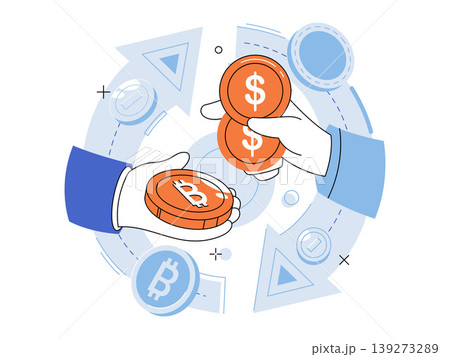 Hands exchanging bitcoin and dollar coins vector illustration. Digital finance, crypto trading, money conversion, online banking, investment, global economy. Arms swapping crypto for cash Hands exchanging bitcoin and dollar coins vector illustration. Digital finance, crypto trading, money conversion, online banking, investment, global economy. Arms swapping crypto for cash 139273289