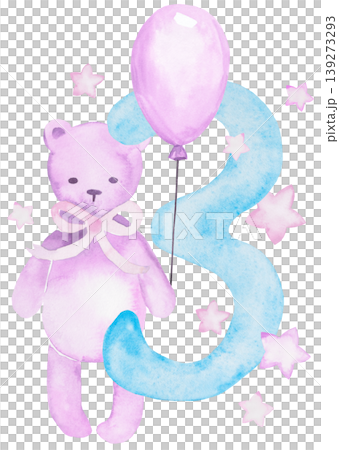 Watercolor light blue number three with teddy bear holding balloon and stars for baby cards Watercolor light blue number three with teddy bear holding balloon and stars for baby cards 139273293